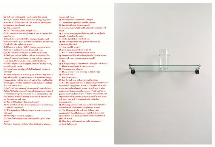 Michael Craig-Martin, An Oak Tree, 1973 Glass, water, shelf and printed text 5 7/8 x 18 1/8 x 5 1/2 inches (15 x 46 x 14 cm) © Michael Craig-Martin. Courtesy of the artist and Ggaosian Gallery.