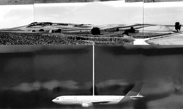 A photo collage by Roger Hiorns of Untitled (Buried passenger aircraft) 1999-2011