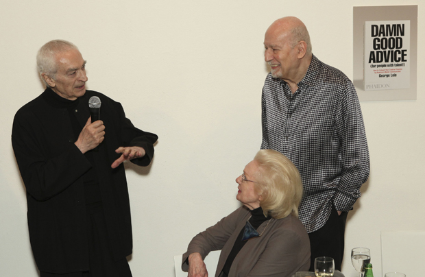 Massimo Vignelli addresses old friend George Lois and wife  Rosie at the launch party for George's book Damn Good Advice -  photo courtesy Shaun Mader/Patrick McMullen.com