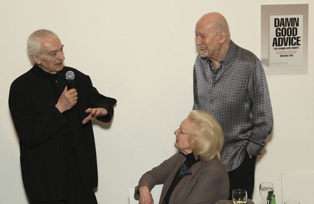 Massimo Vignelli addresses old friend George Lois and wife Rosie at the launch party for George's book Damn Good Advice - photo courtesy Shaun Mader/Patrick McMullen.com