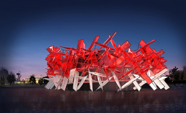 A night-time rendering of Coca-Cola's Beatbox pavilion at the Olympic Park