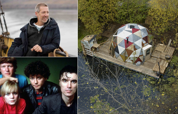 Portrait of the artist Alex Hartley who has chosen this week's Muse Music (top left), the band Talking Heads who feature on his playlist (bottom left) and his work Dropper (2011) which has been positioned behind Victoria Miro gallery during his current exhibition in London