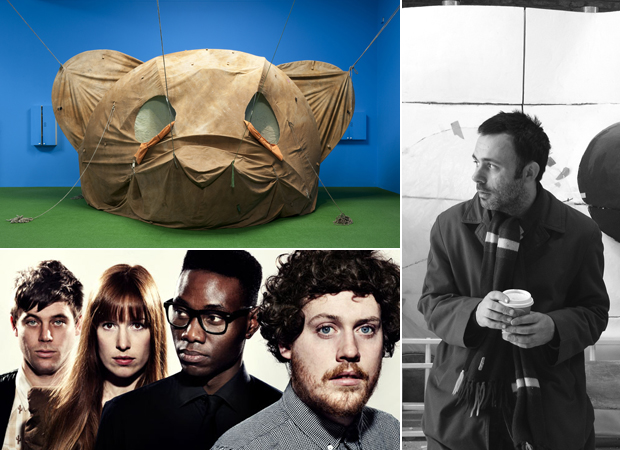 Brian Griffiths' work The Body and Ground (Or Your Brittle Smile) (2010) (top left), the group Metronomy (bottom right), and portrait of the artist Brian Griffiths who has chosen this week's Muse Music playlist (right)