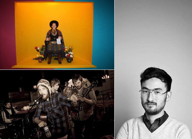 Simon Fujiwara's work 'Saint Simon' (2012) (top left) image courtesy the artist © Tate, portrait photograph of the artist Simon Fujiwara (right) and Fleet Foxes (bottom left) who appear on the artist's Muse Music playlist, photo Ali Bagheri