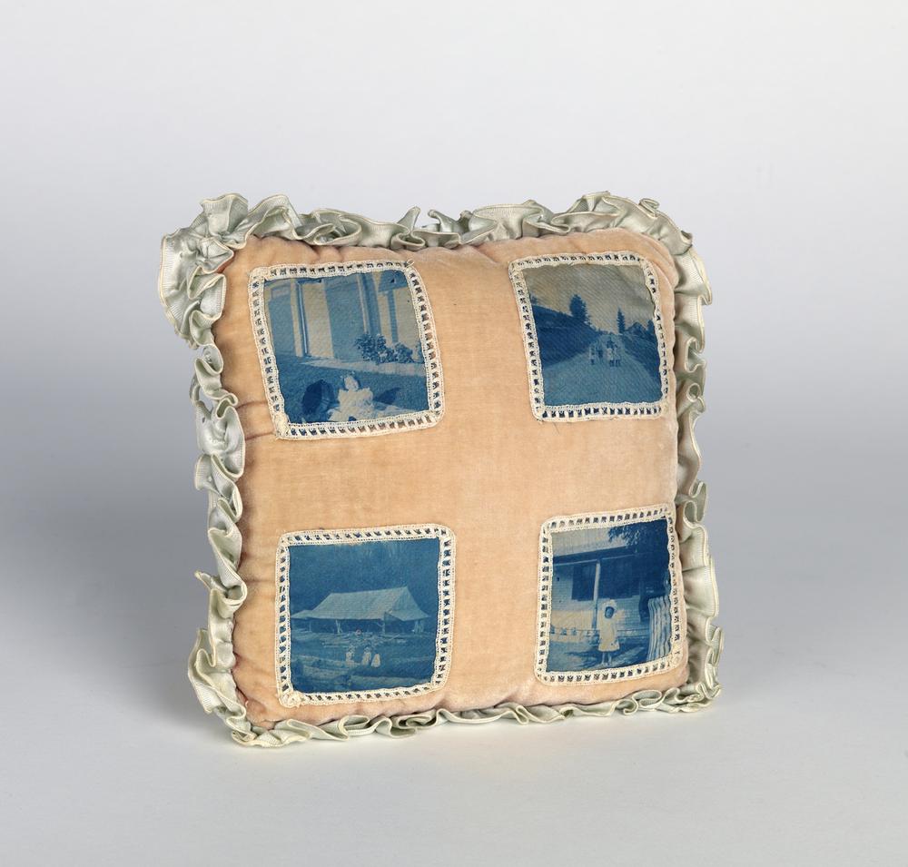 Handmade velvet child’s pillow with four cyanotype images, c. 1900, American, from Pop Photographia