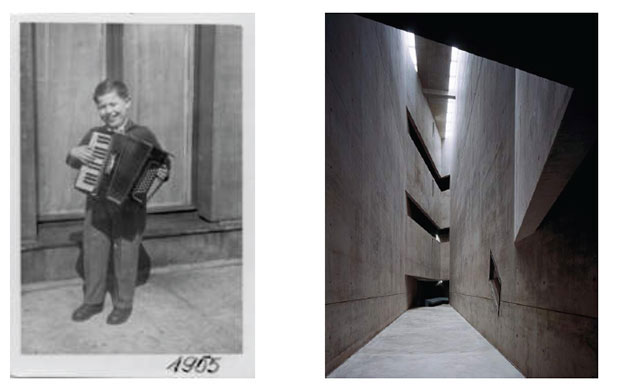 Daniel Libeskind playing his accordion in Lodz, Poland, 1955 aged 9; right: Jewish Museum Berlin (2001), photo courtesy Daniel Libeskind Studio, New York