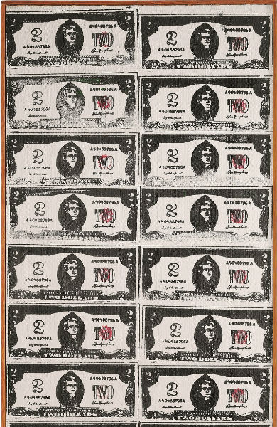 Detail from Two Dollar Bills (Fronts) [40 Two Dollar Bills in red] (1962) by Andy Warhol. Image courtesy of Christie's
