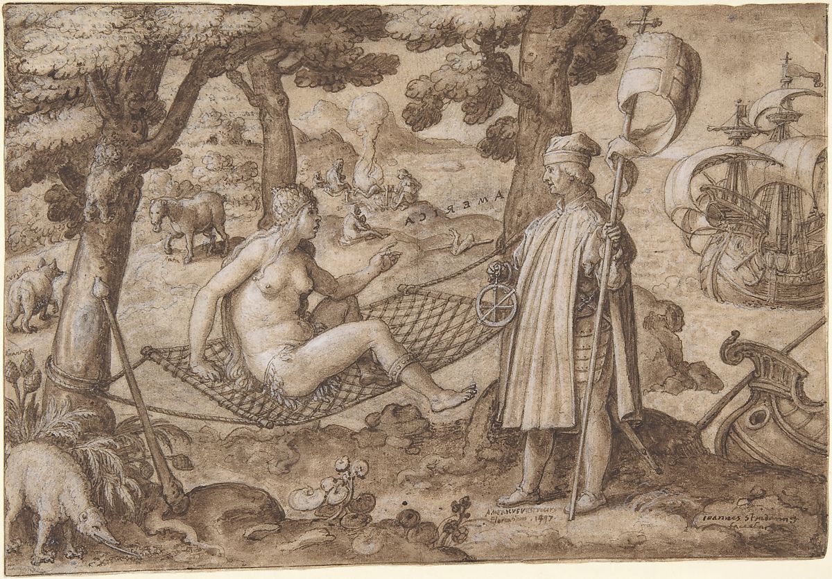 Discovery of America: Vespucci Landing in America, (ca. 1587–89) by Jan van der Straet. Public domain