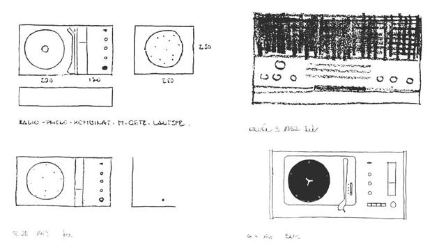 Dieter Rams - sketches for SK4 record player, G11 radio, Atelier 1 radio and record player