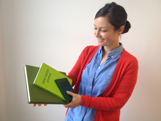 Phaidon's commissioning editor of food Emma Robertson with a copy of René Redzepi's A Work In Progress