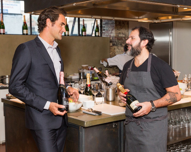 Roger Federer and Enrique Olvera. Photograph by Ben Lozovsky for Moët & Chandon