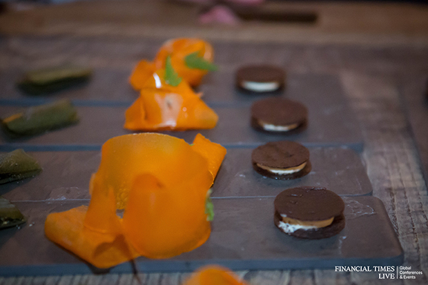 Carrot ribbons with lemon verbena, ginger and liqourice and black olive oreo