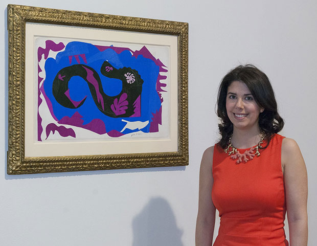 Flavia Frigeri photographed in front of Matisse's The Dragon at The Cut-Outs at Tate Modern 2014