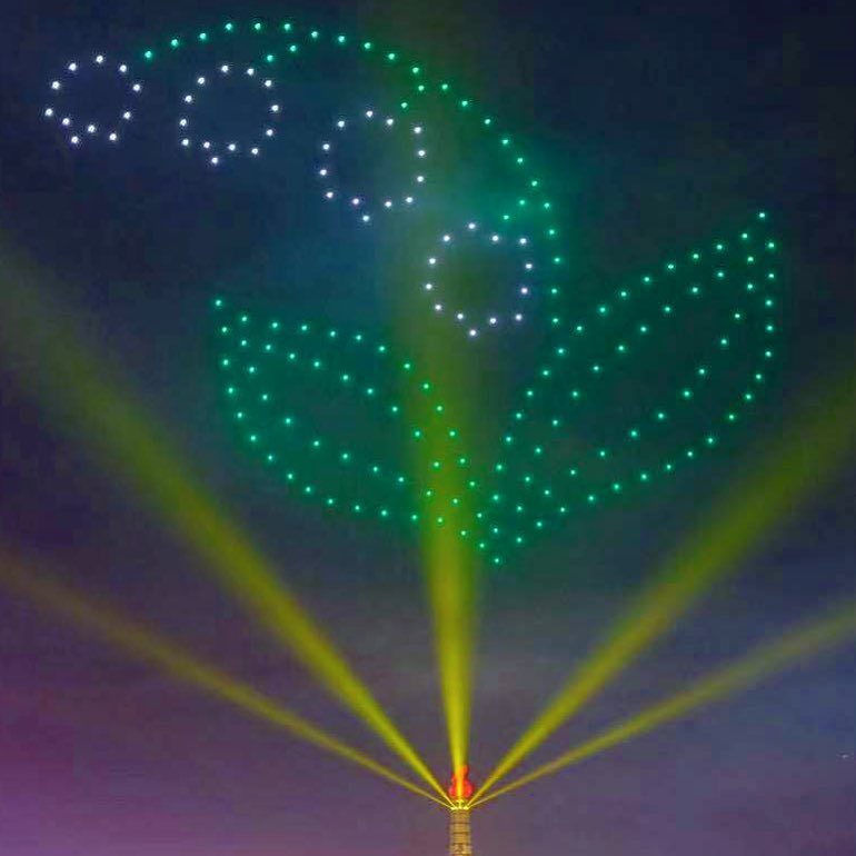 Drones form the shape of a doraji or bell flower in the Pyongyang sky for New Year celebrations. All images courtesy of Nicholas Bonner's Koryo Tours