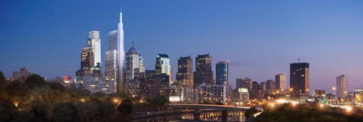 A rendering for the new Comcast Innovation and Technology Center, viewed from Philadelphia's Schuylkill River. Image courtesy Comcast.