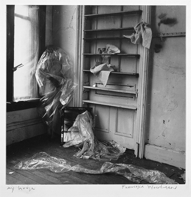 Francesca Woodman My House, Providence, Rhode Island 1976  Gelatin silver estate print 25.4 x 20.3 cm / 10 x 8 in     HQ20-FW12704P / FW 620  Courtesy George and Betty Woodman, and Victoria Miro, London.  © The Estate of Francesca Woodman