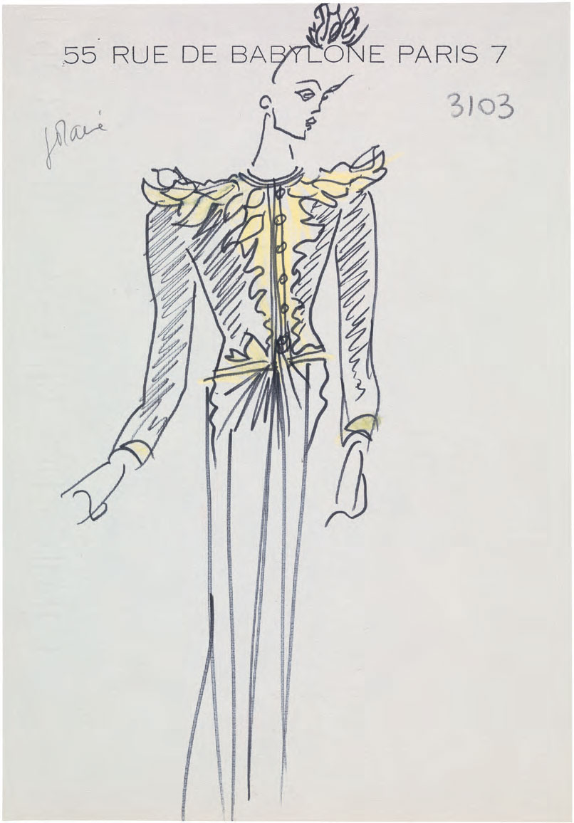 Original sketch for a long evening outfit with headdress of gold flowers and leaves