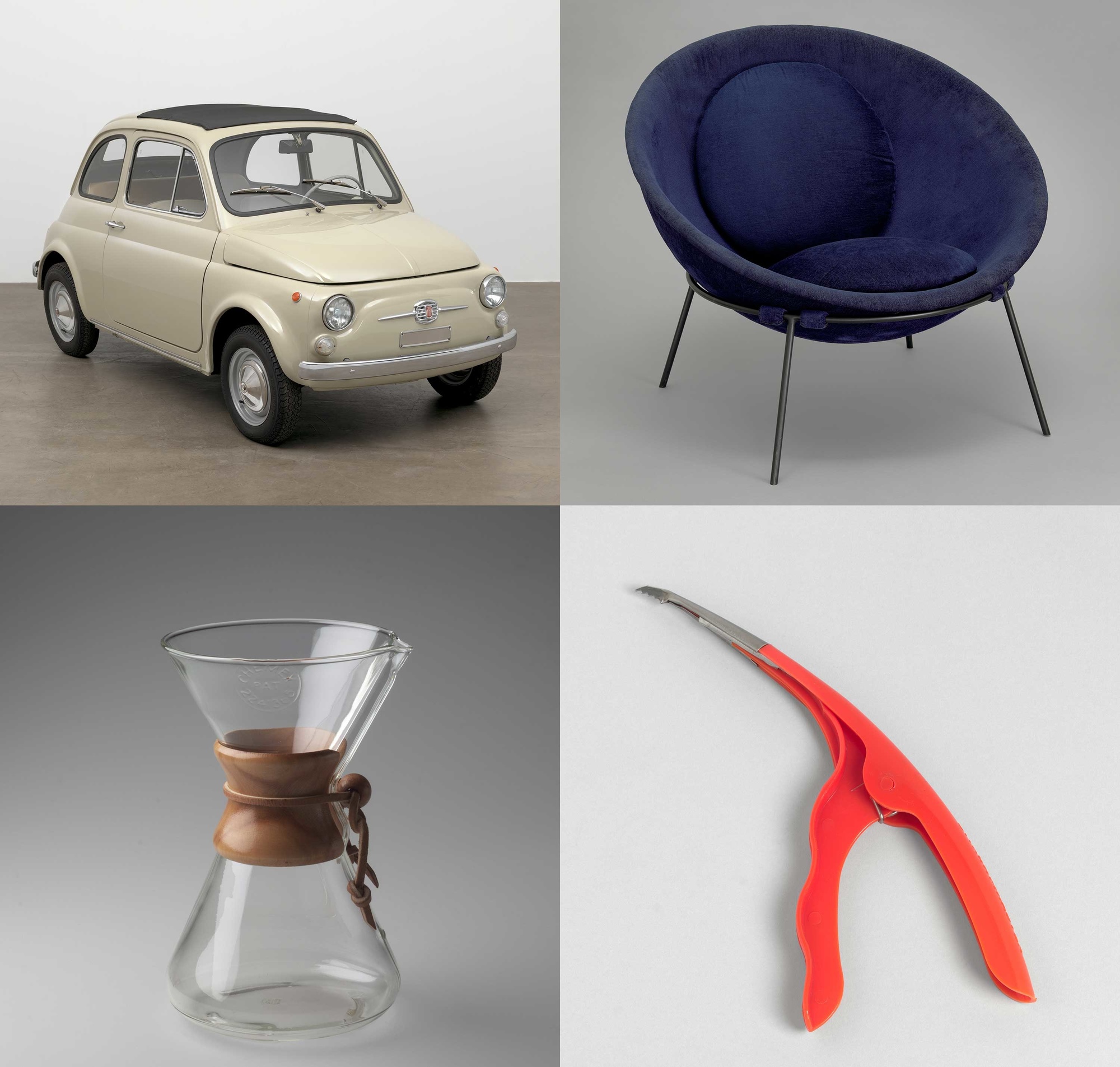 Clockwise, from top left: Dante Giacosa. 500f city car. Designed 1957 (this example 1968).  Manufacturer: Fiat S.p.A., Turin, Italy. Gift of Fiat Chrysler Automobiles Heritage; Lina Bo Bardi. Poltrona Bowl chair. 1951. Steel and fabric; Irwin Gershen, Gershen-Newark. Shrimp Cleaner. 1954. Plastic and metal. Manufacturer: Plastic Dispensers Inc., Newark, NJ. Chemex Coffee Maker. 1941. Pyrex glass, wood, and leather,. Manufacturer: Chemex Corp., New York, NY. Image courtesy MoMA
