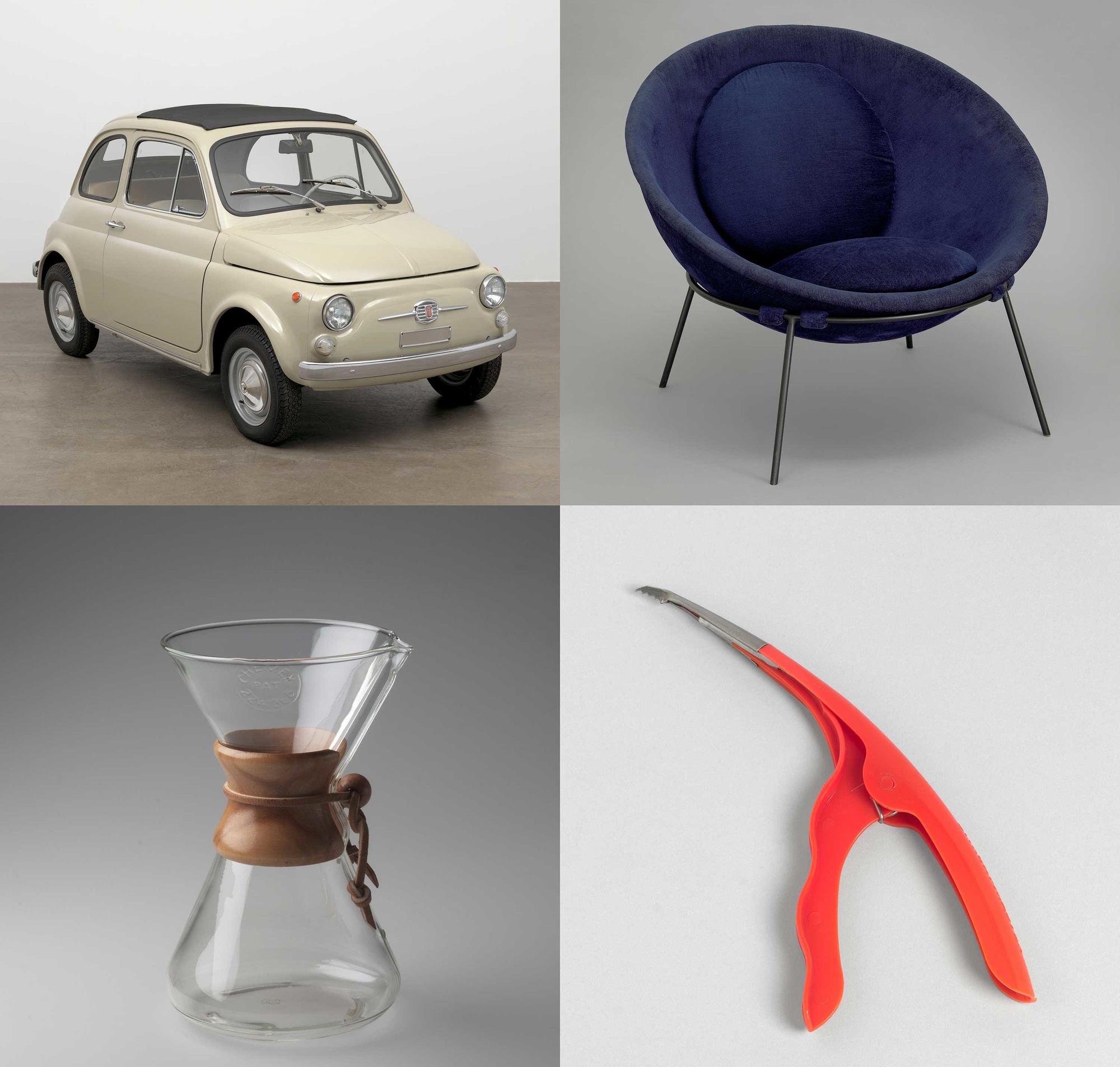Clockwise, from top left: Dante Giacosa. 500f city car. Designed 1957 (this example 1968). Manufacturer: Fiat S.p.A., Turin, Italy. Gift of Fiat Chrysler Automobiles Heritage; Lina Bo Bardi. Poltrona Bowl chair. 1951. Steel and fabric; Irwin Gershen, Gershen-Newark. Shrimp Cleaner. 1954. Plastic and metal. Manufacturer: Plastic Dispensers Inc., Newark, NJ. Chemex Coffee Maker. 1941. Pyrex glass, wood, and leather,. Manufacturer: Chemex Corp., New York, NY. Image courtesy MoMA