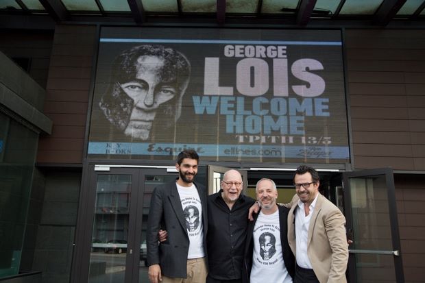 George Lois with Key Books' Vassilis Vardakas and Vlassis Maronitis, and the editor of Esquire Greece, Kostas Tsitsis