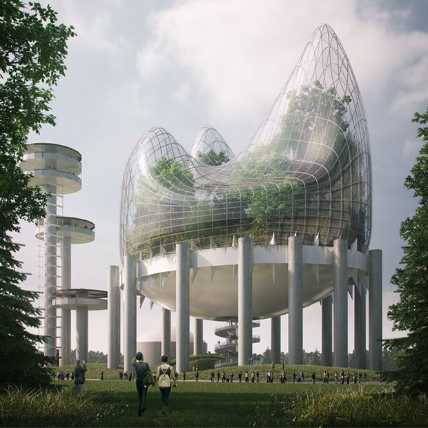 Aidan Doyle and Sarah Wan's Hanging Meadows proposal for Philip Johnson’s New York State Pavilion 