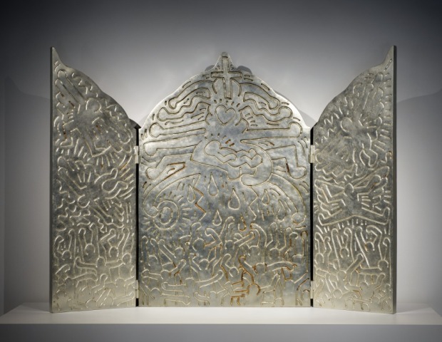 Keith Haring, Altar Piece, 1990 (cast 1996). Bronze with white gold leaf patina. Denver Art Museum, Gift of Yoko Ono, 1996.204A-C