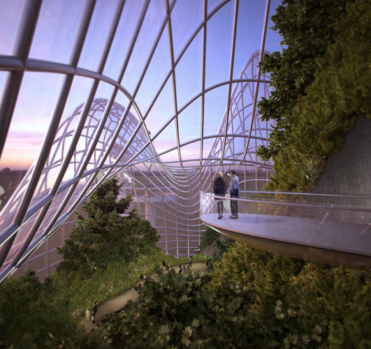 Aidan Doyle and Sarah Wan's Hanging Meadows proposal for Philip Johnson’s New York State Pavilion 