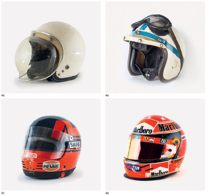 Clockwise from top left: Phil Hill's helmet; John Surtees' helmet; Michael Schumacher's helmet; Gilles Villeneuve’s helmet