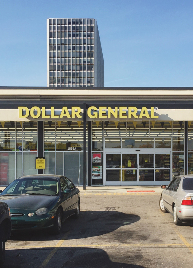 Erik Herrmann, Dollar General at Lafayette Park, 2015. From The Architectural Imagination's My Detroit Postcards 