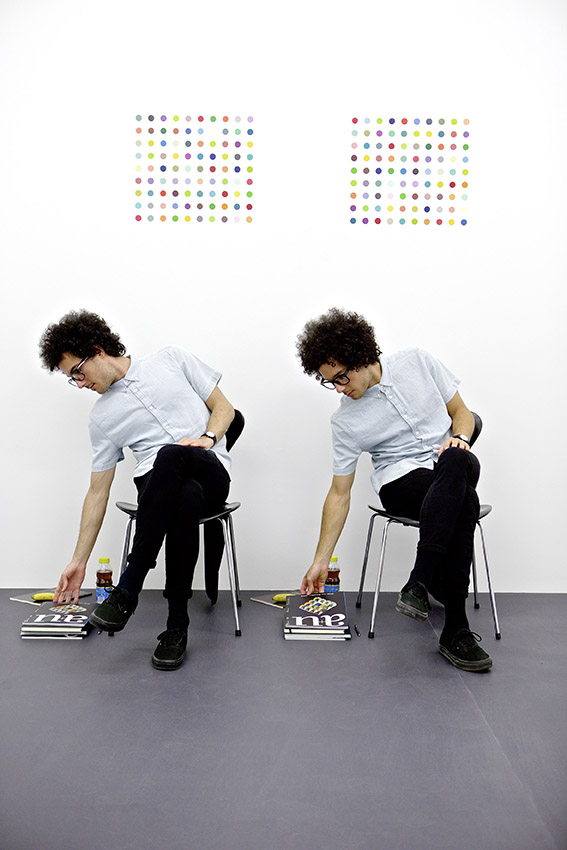 Damien Hirst  Leonard & Raphael Kadid, 2014; Household gloss on wall, chairs and twins; Dimensions variable Presented at 14 Rooms in Basel by Fondation Beyeler, Art Basel, Theater Basel in 2014