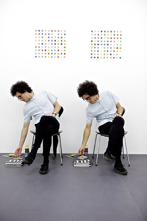 Damien Hirst Leonard & Raphael Kadid, 2014; Household gloss on wall, chairs and twins; Dimensions variable Presented at 14 Rooms in Basel by Fondation Beyeler, Art Basel, Theater Basel in 2014