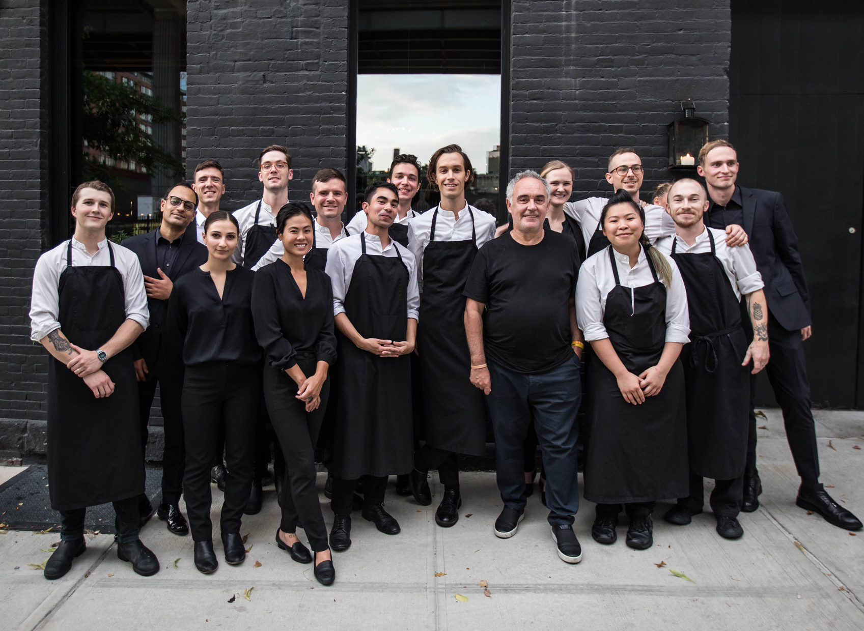 Ferran Adrià (front, centre right) with Fredrik Berselius (centre) and the Aska brigade, New York, 2019