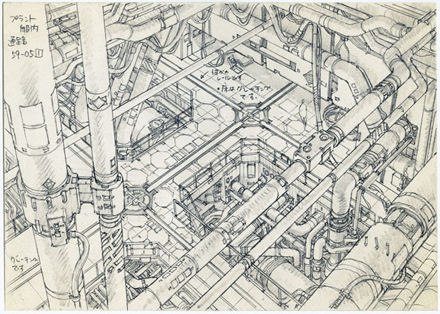 Concept design for Ghost in the Shell 2 – Innocence (2004) Pencil on paper 176 x 250 mm Illustrator: Takashi Watabe © 2004 Shirow Masamune / Kodansha IG, ITNDDTD. Image courtesy of the Museum for Archiectural Museum