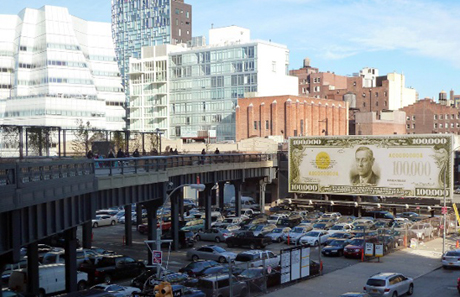 John Baldessari's <em>The First $100,000 I Ever Made</em> is in the same district as Frank Gehry's IAC Building (far left)