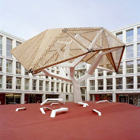 Samuel Wilkinson and Oloom's 'L’arbre de Flonville' in a public square in the new Flon quarter in Lausanne, Switzerland
