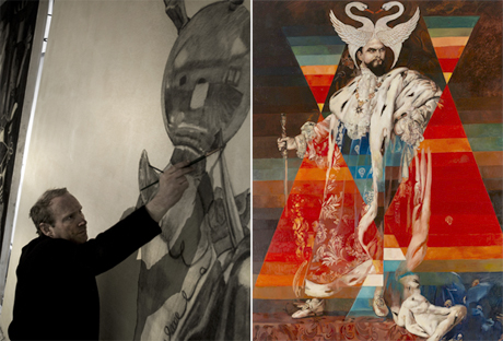 Portrait of the artist Wolfe von Lenkiewicz (left) and his work King Ludvig/Kleen (2011) (right), Oil on canvas, 272 x 192 cm