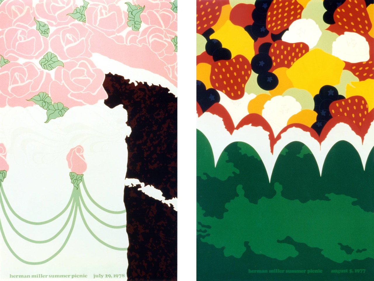 The 1977 and 1978 posters for Herman Miller's summer picnic, by Steve Frykholm, as reproduced in Herman Miller: A Way of Living