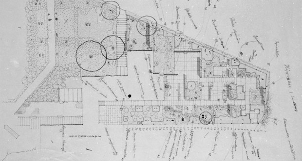 Jacobsen's plans for his own garden, which served as a laboratory of colour and texture