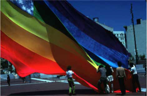 The Original 8-color Rainbow Flag, San Francisco United Nations Plaza, June 25, 1978. Photo: James McNamara. Courtesy of the artist and MoMA