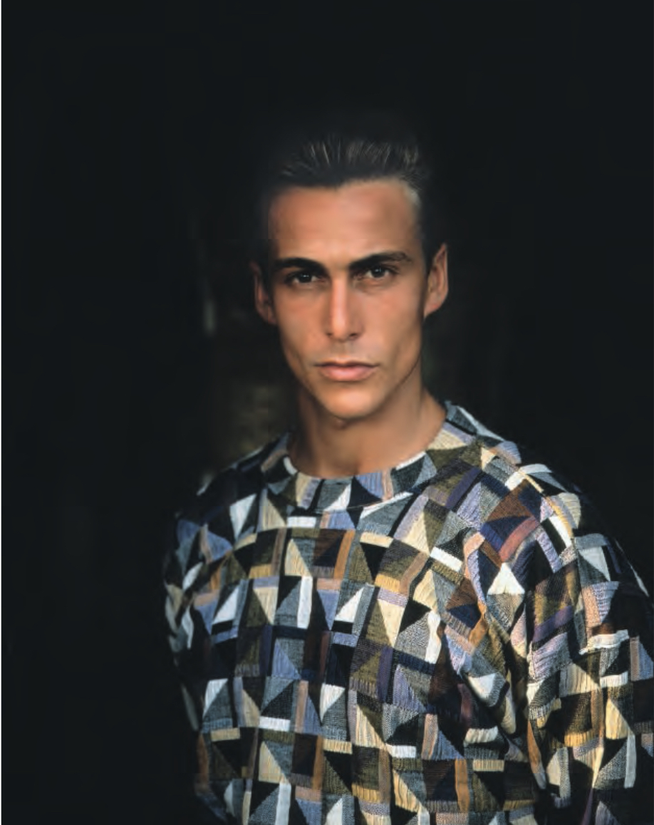 A model wearing a Jhane Barnes Checkmate stretch woven sweater, Spring 1991
