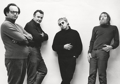 January 5-31 1969 artists, from left: Robert Barry, Douglas Huebler, Joseph Kosuth, and Lawrence Weiner. Photo by  Seth Siegelaub