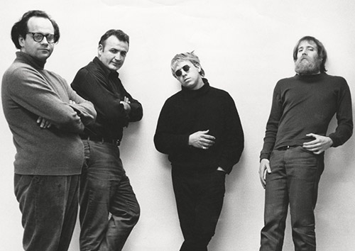 January 5-31 1969 artists, from left: Robert Barry, Douglas Huebler, Joseph Kosuth, and Lawrence Weiner. Photo by Seth Siegelaub