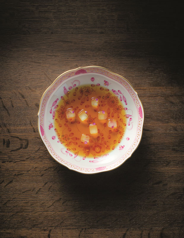 Live jellyfish, beef bouillon and thyme blossoms as featured in Corey Lee's book Benu