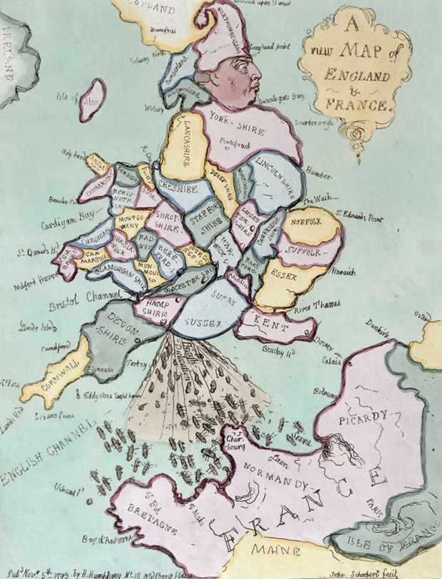 The French Invasion, or John Bull Bombarding the Bum-boats, 1793, by James Gillray. From Map