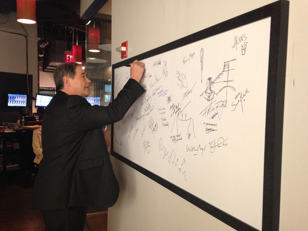 Jonathon Porritt signing the board in the CBS studios