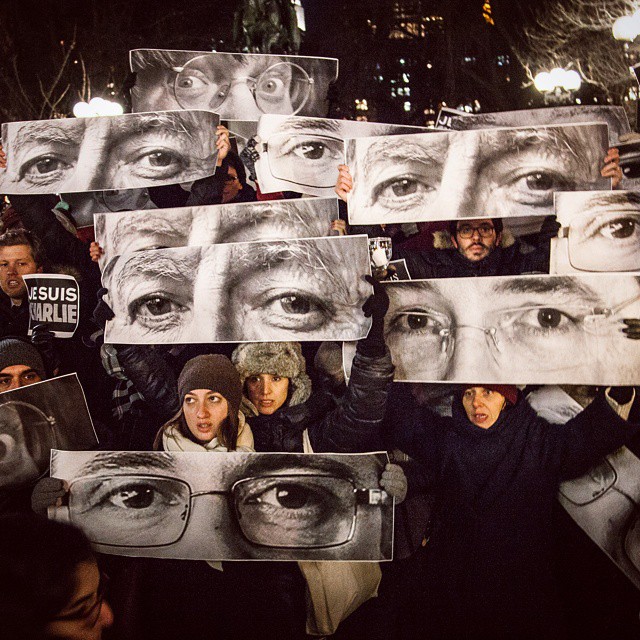 JR's Charlie Hebdo contributors' placards. Courtesy of JR's Instagram account
