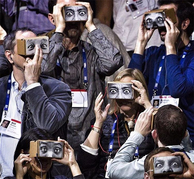 JR's eye prints on Google Cardboard sets at TED 2016. Image courtesy of JR's Instagram