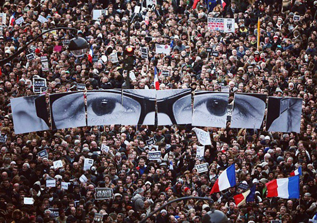 JR's placard at the Charlie Hebdo solidarity march, Paris, 2015