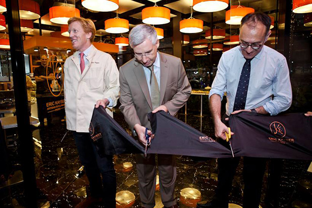From left: Éric Kayser; Jean-Claude Poimboeuf, French Ambassador; and Alexandre Matcheret, Maison Kayser Cambodia CEO open the Cambodian branch of Maison Kayser