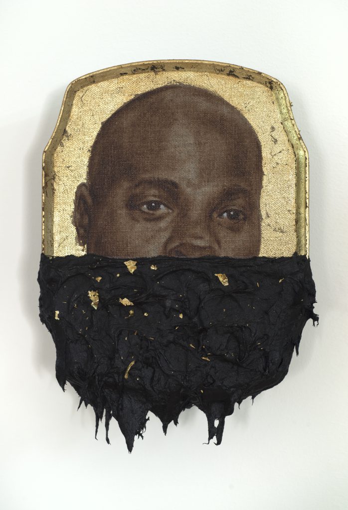 Titus Kaphar, “Jerome IV,” 2014, Oil, gold leaf, and tar on wood panel, The Studio Museum in Harlem, gift of Jack Shainman Gallery 2015